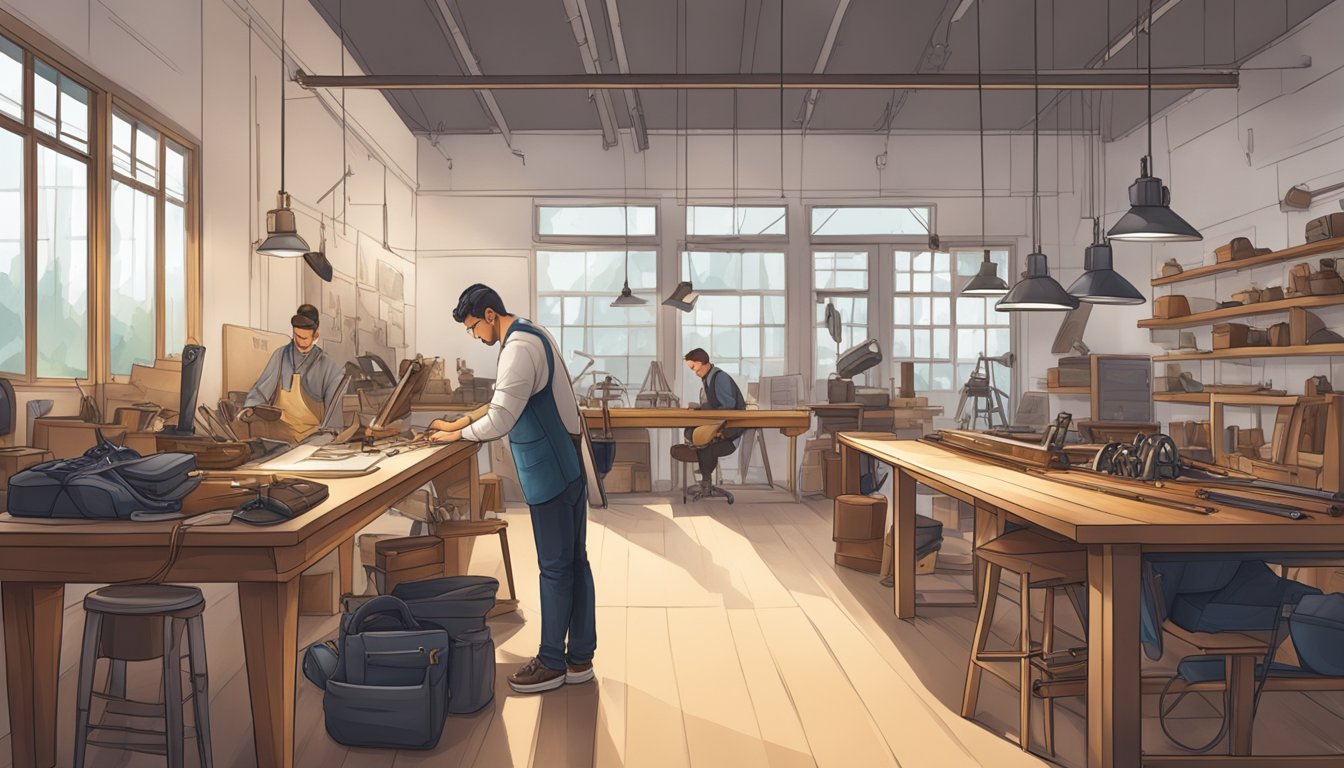 A sleek, modern workshop filled with high-tech equipment and traditional tools. A designer sketching new shoe designs while a team of artisans meticulously handcraft luxury leather goods
