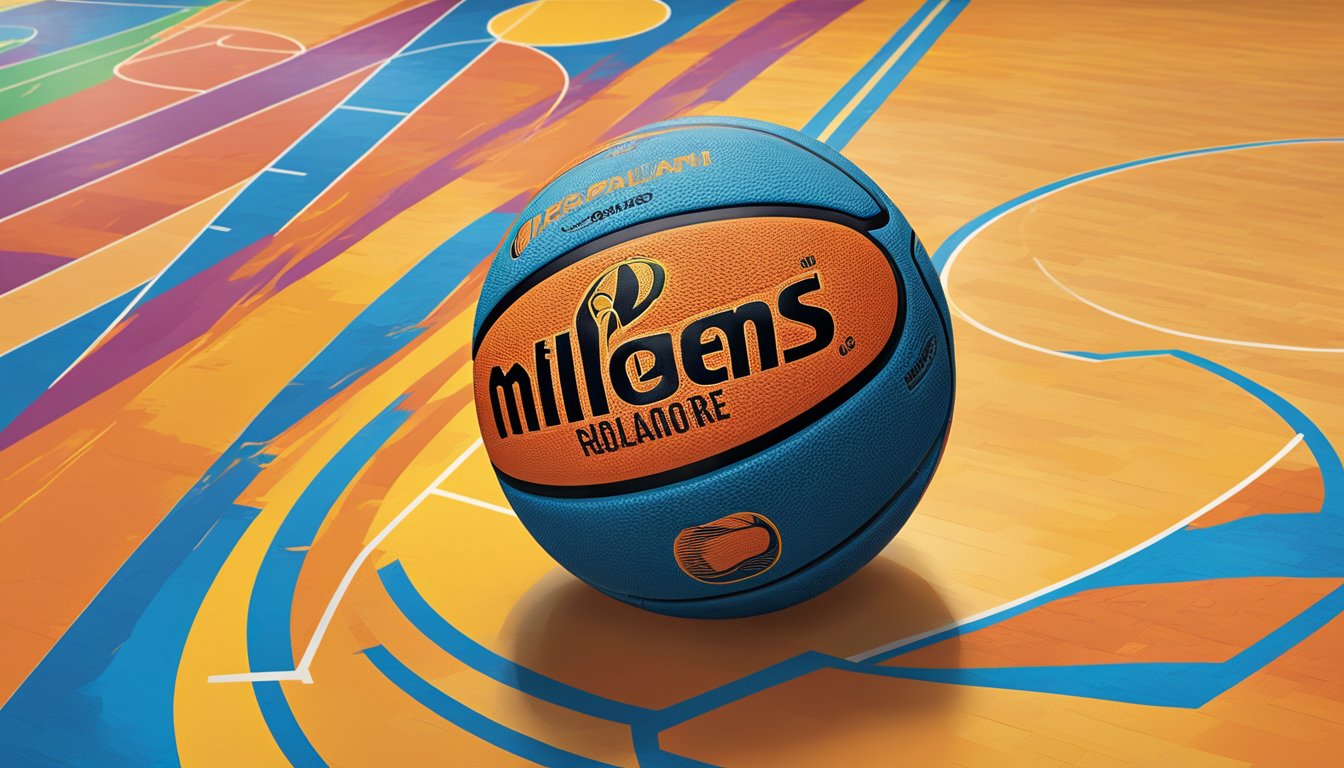 A molten basketball sits on a sleek, indoor court. The ball's vibrant colors and textured surface catch the light, showcasing its high-quality construction. The logo prominently displays the brand name, inviting viewers to seek out the product in Singapore