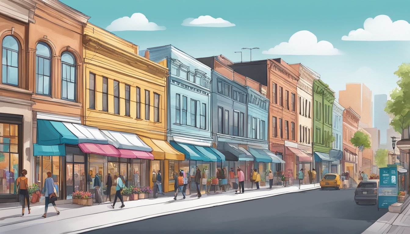 A bustling city street with colorful storefronts, showcasing the Moda Rapido brand logo prominently displayed on a trendy clothing boutique