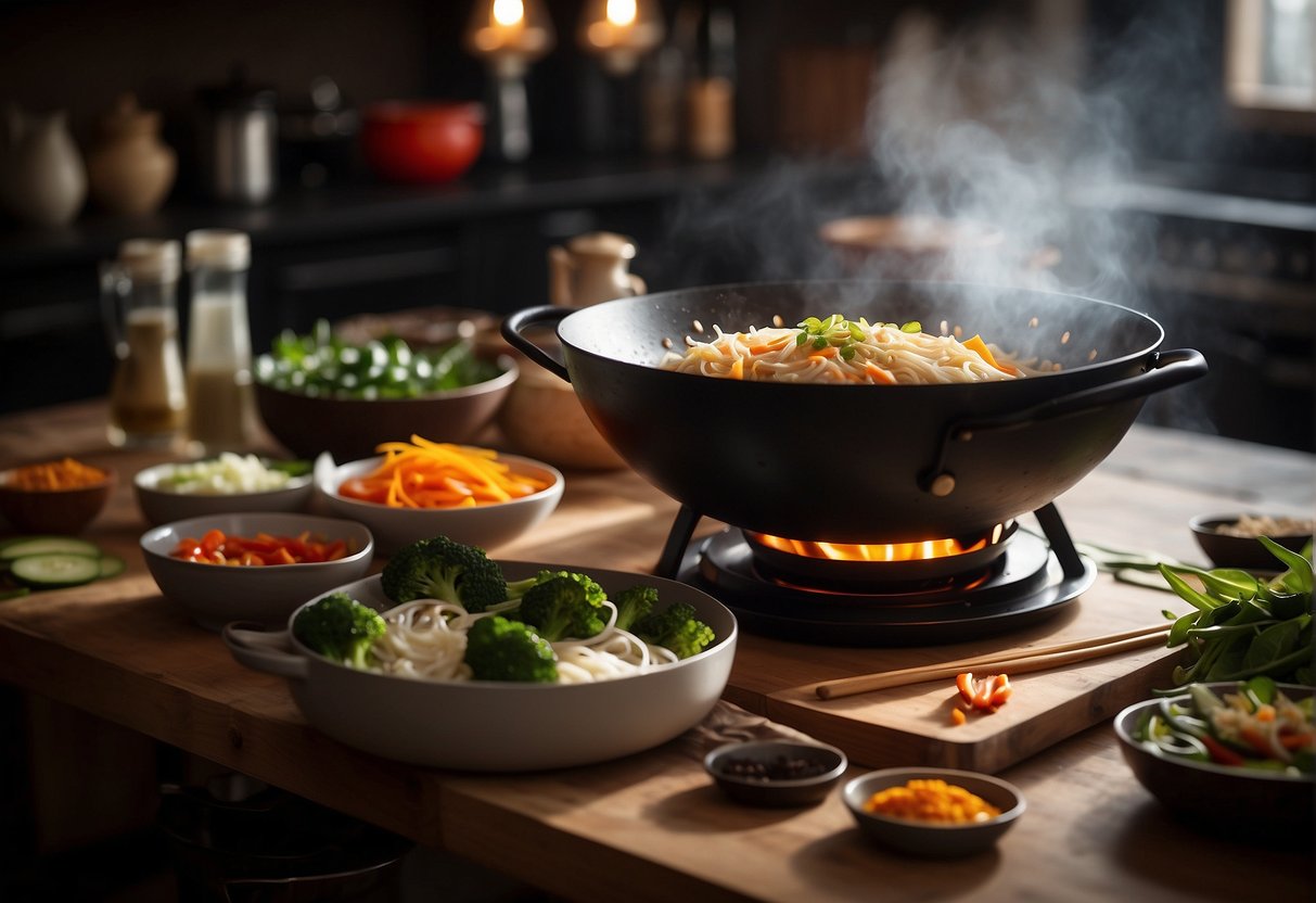 A wok sizzling with oil, a wooden spatula stirring rice noodles and vegetables, a pot of boiling water, and various spices and sauces on the countertop