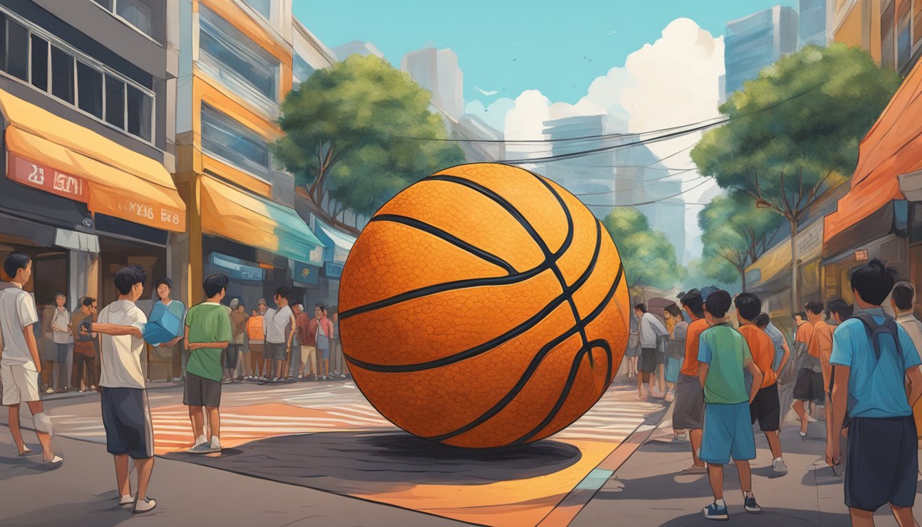 A basketball with molten lava-like texture sits on a vibrant Singaporean street, surrounded by curious onlookers