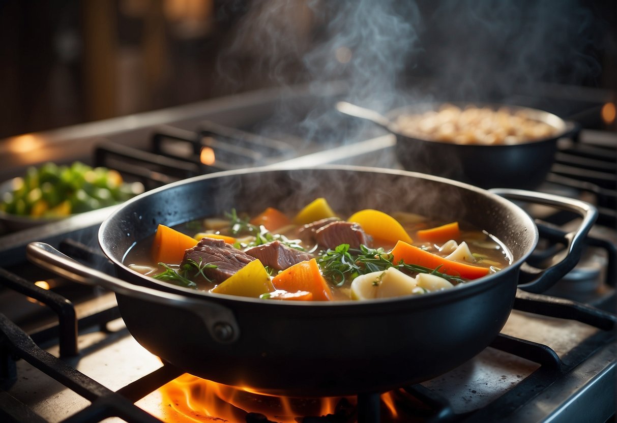 A large pot simmers on a stove, filled with rich broth, tender duck meat, and vibrant vegetables. Steam rises and the aroma of ginger and star anise fills the air