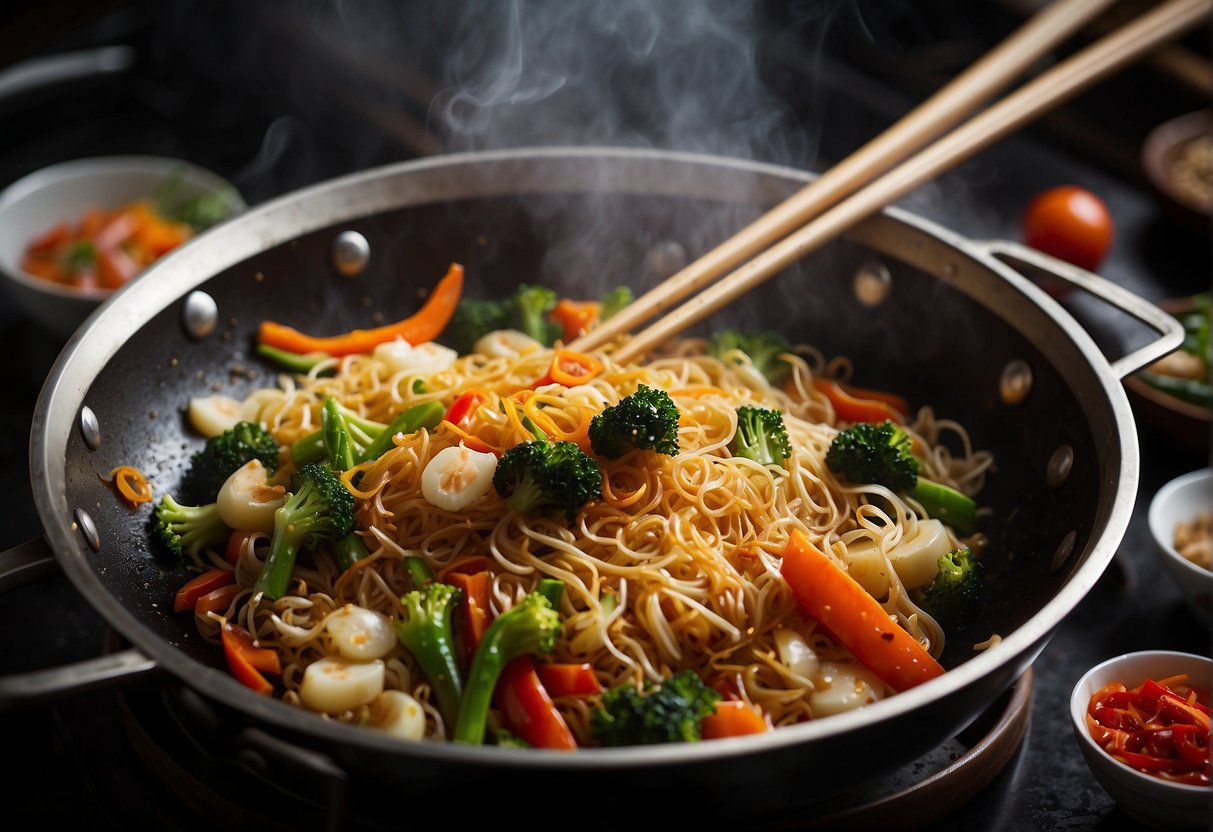 A wok sizzles with oil as noodles are stir-fried with vegetables and seasoning for a Chinese bihon recipe