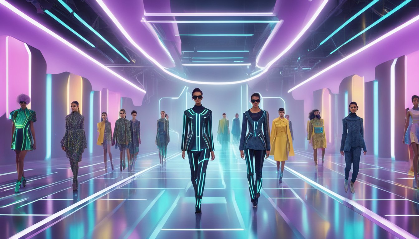 A futuristic runway with holographic models showcasing AI-designed clothing for Moda Rapido brand