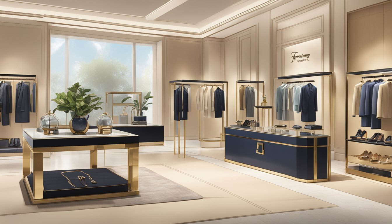 A display of Ferragamo luxury items with a sign reading "Frequently Asked Questions" in a high-end boutique setting