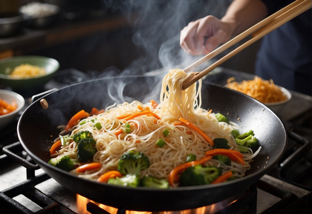 A wok sizzles with oil, stir-frying vegetables and thin rice noodles for a Chinese bihon recipe. Steam rises as the ingredients are tossed and seasoned