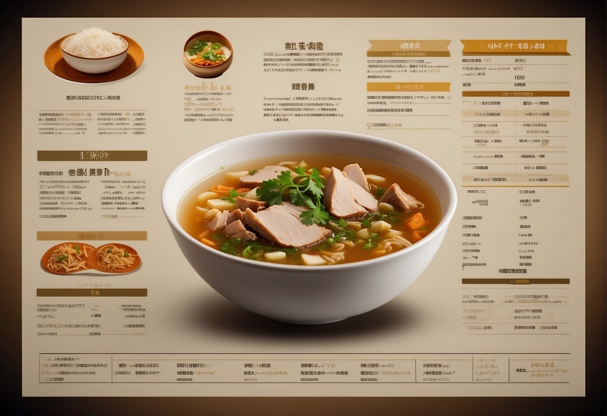 A steaming bowl of Chinese-style duck soup with nutritional information and variations displayed beside it