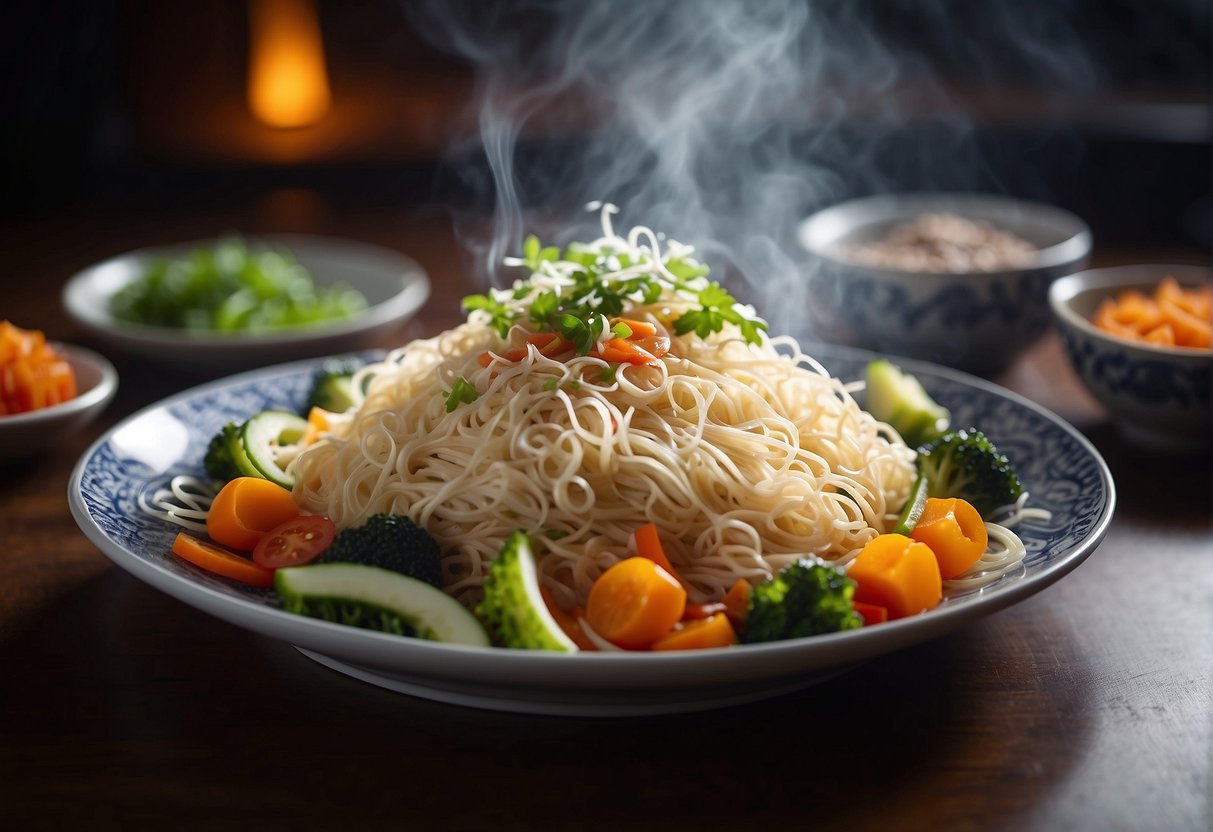 A steaming plate of Chinese bihon noodles garnished with colorful vegetables and slices of tender meat, placed on a decorative serving platter