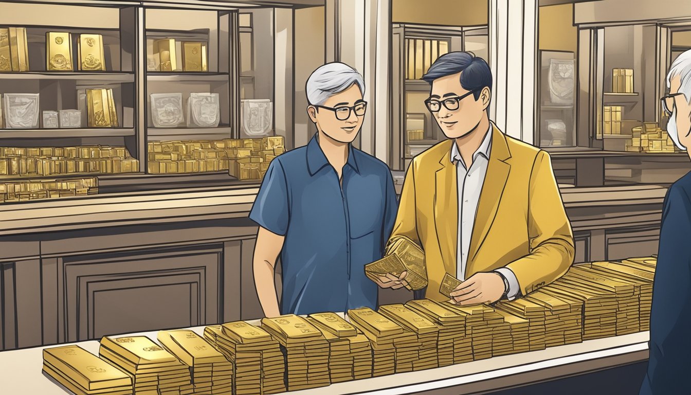 A gold bar is being purchased in Singapore, with a seller handing over the bar to a buyer in exchange for payment. The transaction takes place in a secure and reputable gold dealer's office