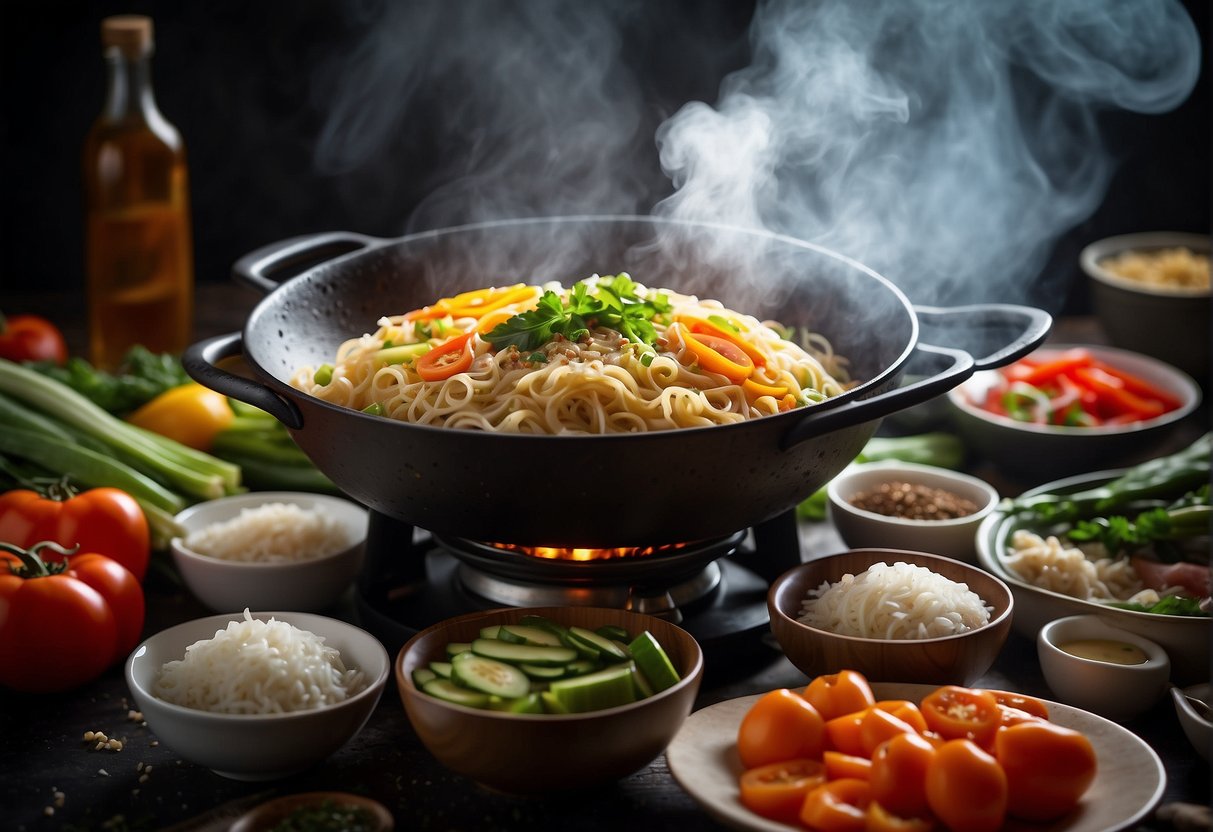 A steaming wok filled with sizzling rice noodles, mixed with colorful vegetables and savory seasonings, surrounded by various cooking utensils and ingredients