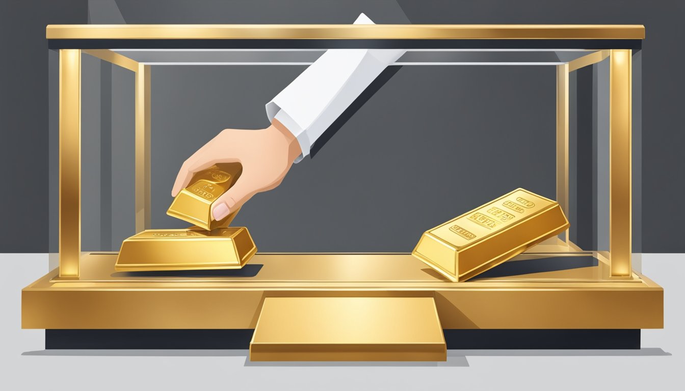 A hand reaches out to purchase a gold bar from a display case. The bar is then carefully placed into a secure storage box