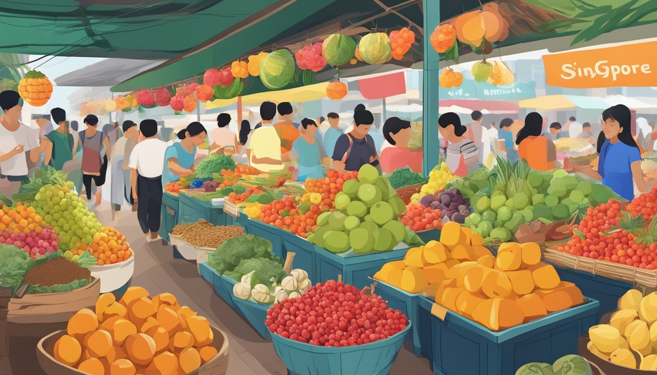 Colorful fruits, spices, and souvenirs displayed at a bustling Singapore market