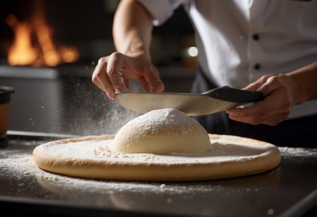 A chef mixes flour, water, and salt to form dough. They roll it out and cook it on a griddle until golden brown