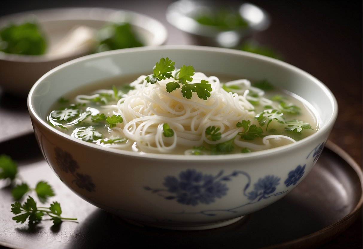A steaming bowl of Chinese bird's nest soup sits on a delicate porcelain dish, garnished with sprigs of fresh cilantro and finely sliced scallions