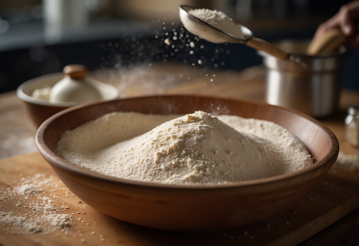 A bowl of mixed flour, water, and salt. A rolling pin flattens the dough. A pan sizzles with the bing cooking