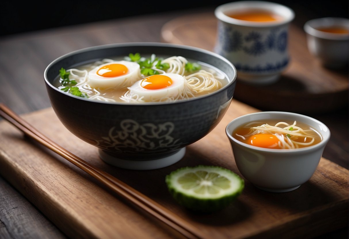 A bowl of Chinese bird's nest soup with nest, broth, and garnishes on a wooden table