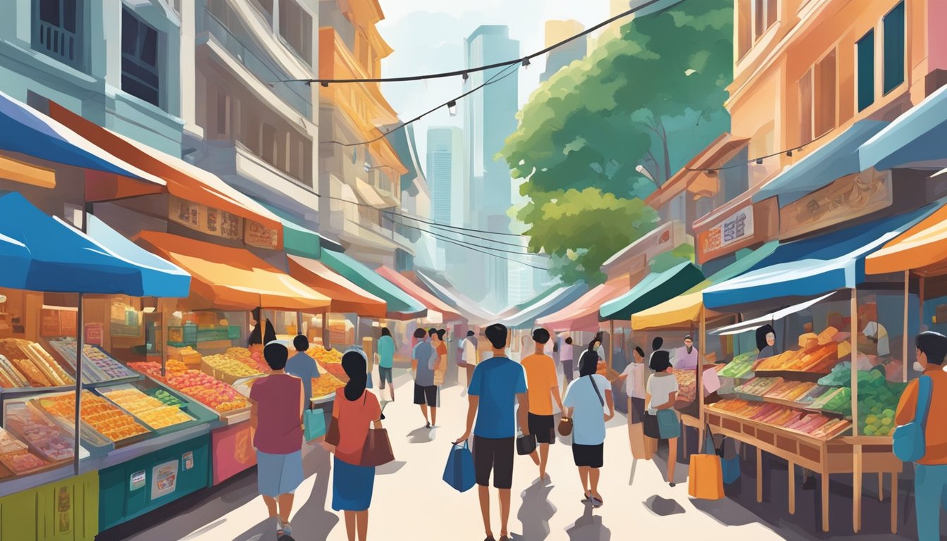 Colorful souvenirs and local delicacies fill the bustling market stalls in Singapore. Brightly packaged snacks, traditional crafts, and iconic trinkets line the vibrant streets, creating a lively and enticing scene for visitors