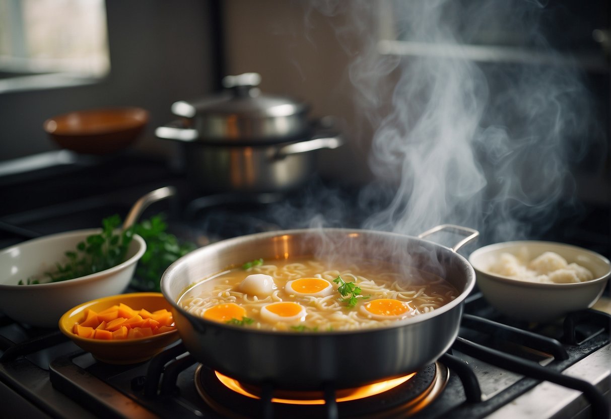 A pot simmers on a stove, filled with Chinese bird's nest soup ingredients. Steam rises as the soup cooks, filling the kitchen with savory aromas