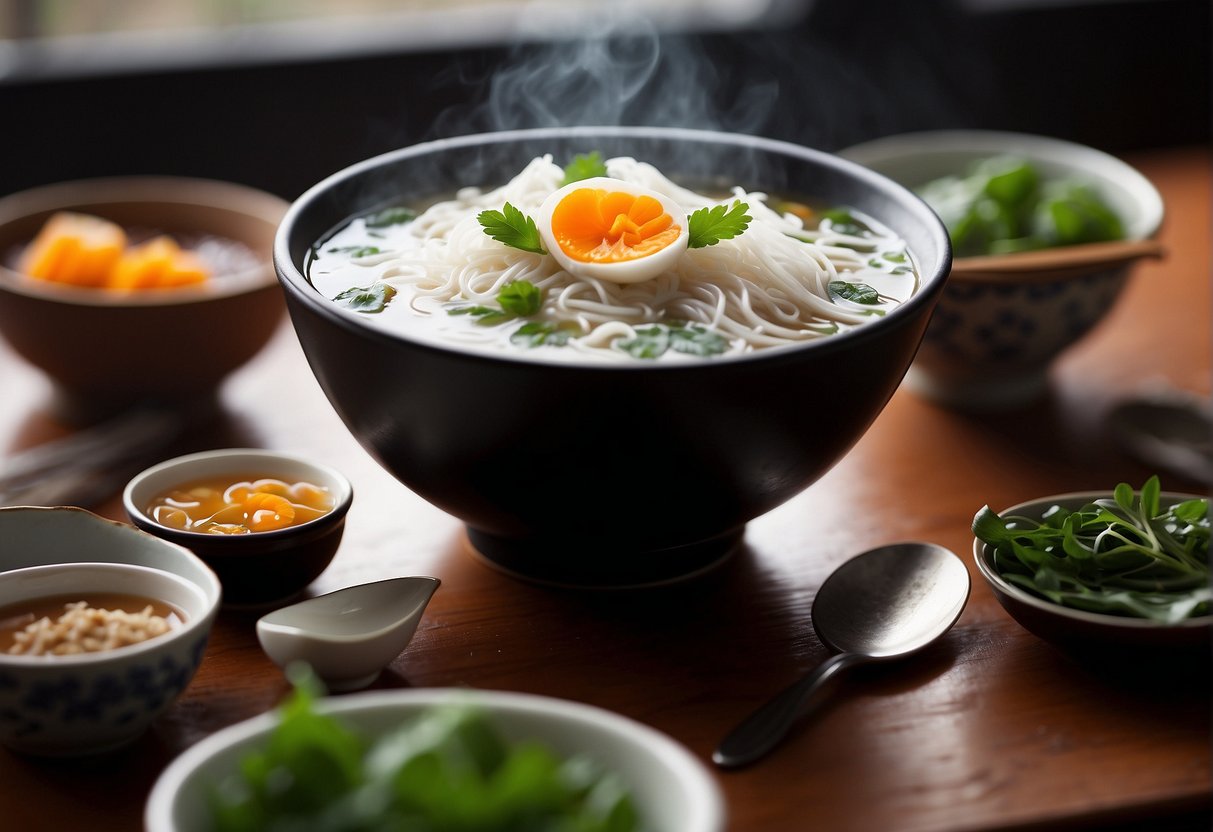 A steaming bowl of Chinese bird's nest soup surrounded by delicate garnishes and a pair of chopsticks