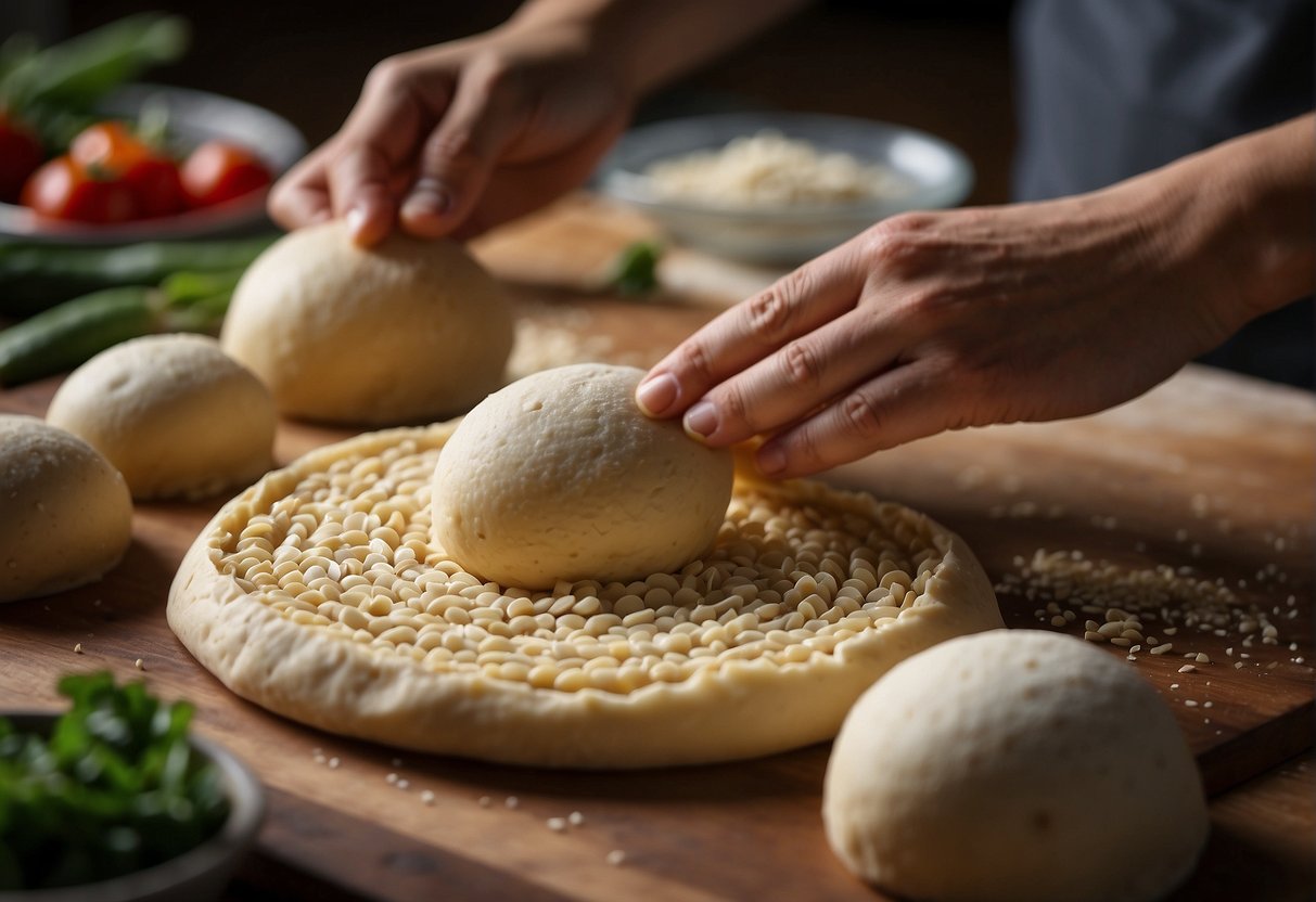 A pair of hands kneading dough, rolling it into thin circles, and filling them with savory meat and vegetables to create Chinese bing