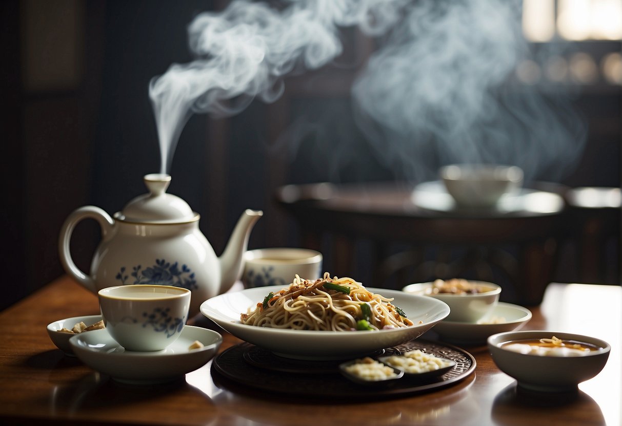 A table set with a steaming plate of Chinese bing, surrounded by chopsticks, a teapot, and cups. Steam rises from the bing, inviting enjoyment