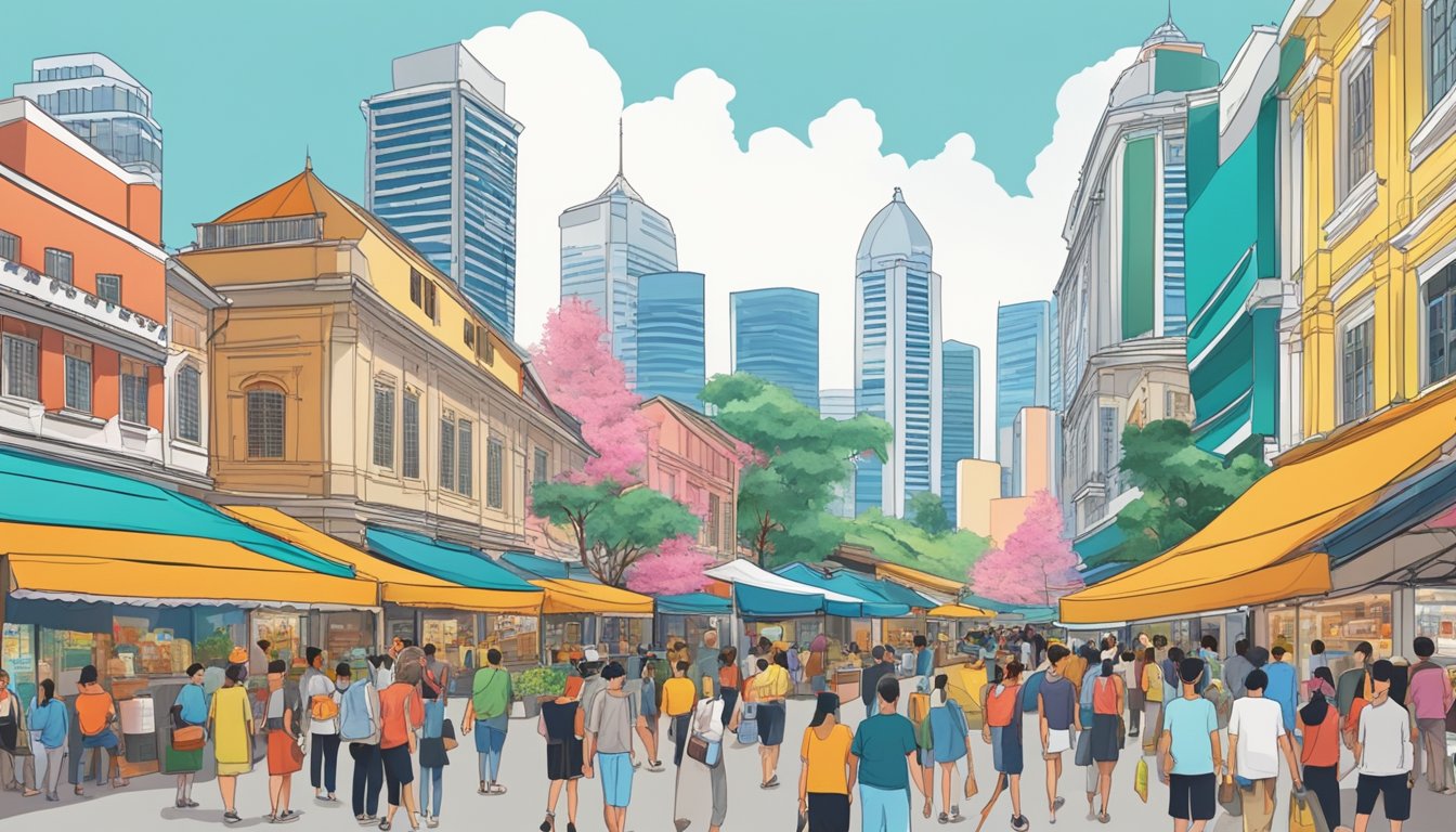 A bustling market filled with vibrant colors and unique souvenirs, surrounded by historic buildings and modern skyscrapers in Singapore