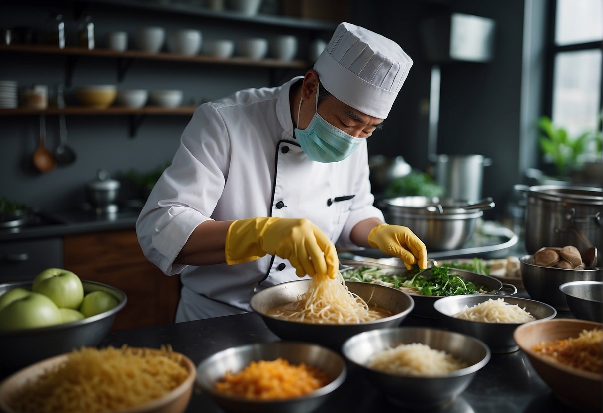 A chef carefully measures and mixes ingredients for Chinese bird's nest soup, wearing gloves and a face mask for health and safety
