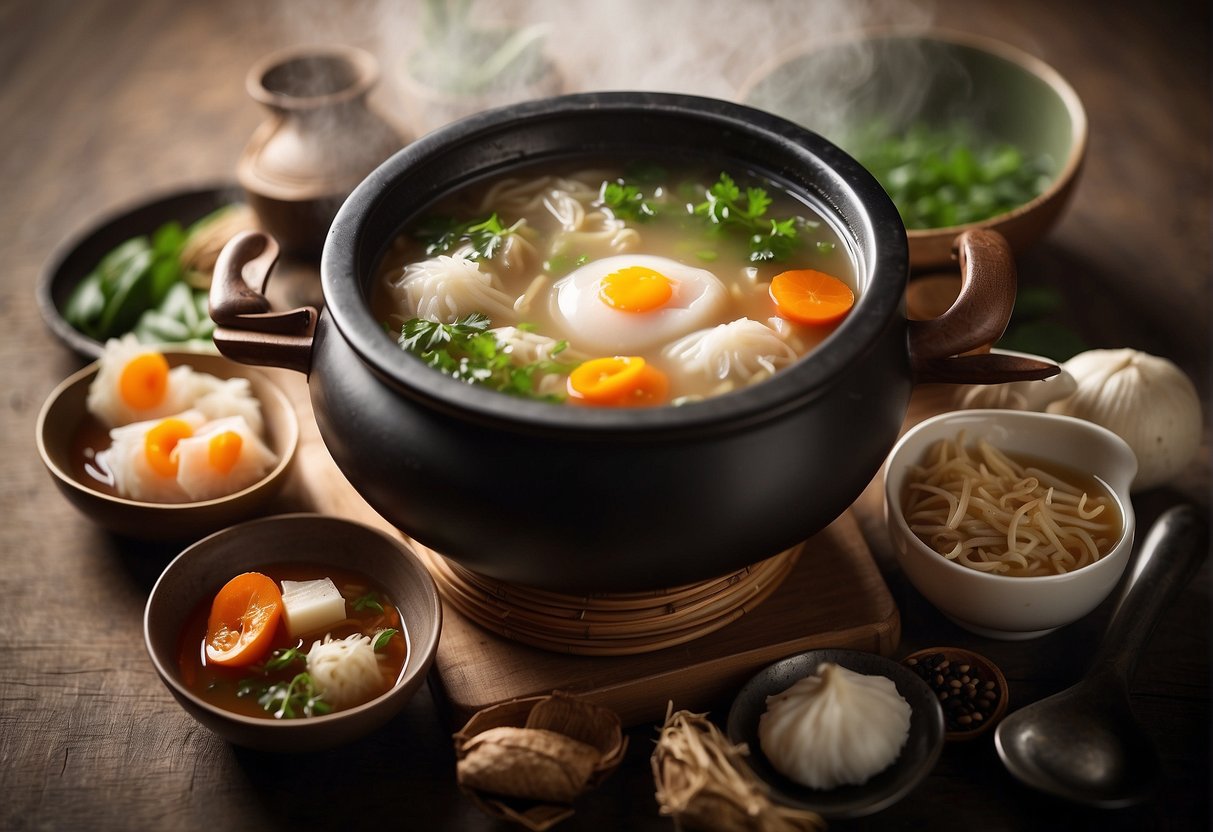 A steaming pot of Chinese bird's nest soup surrounded by traditional ingredients and utensils