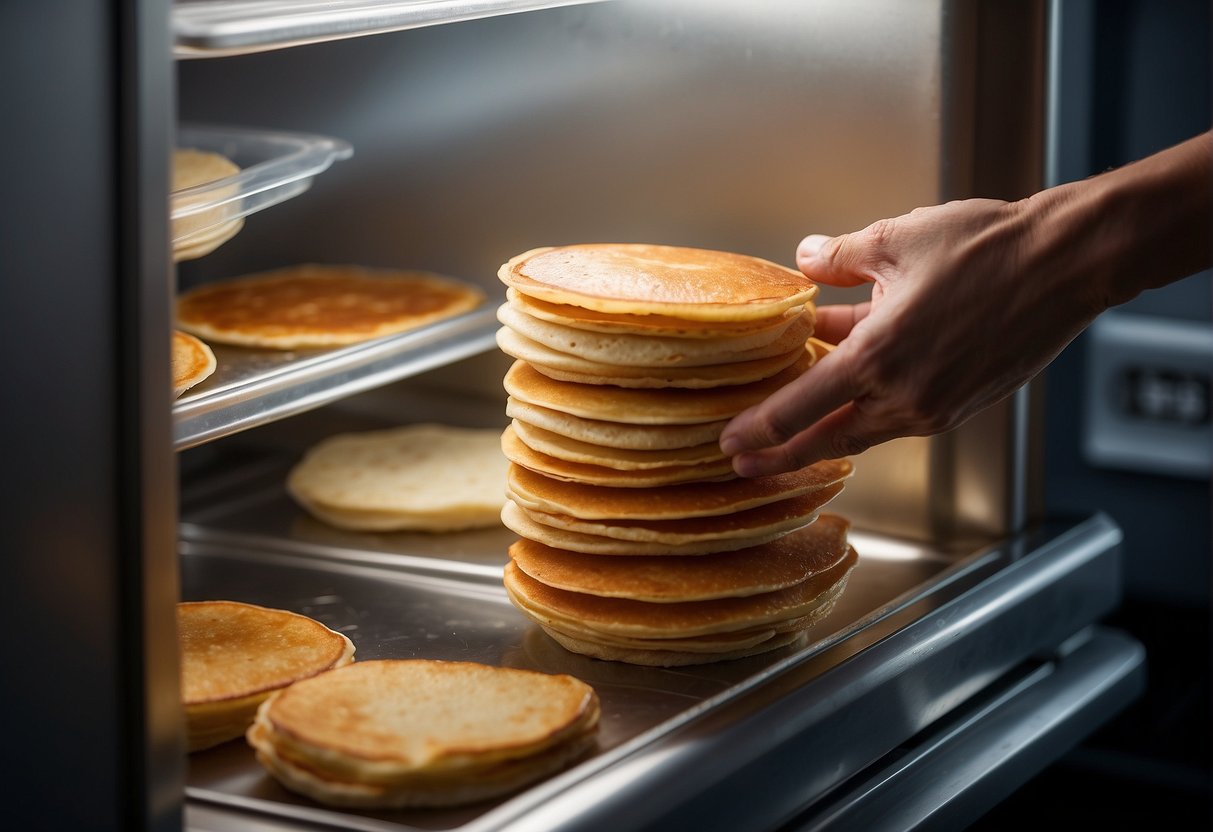 A hand reaches into a refrigerator, placing a stack of Chinese bing (pancakes) into a plastic container. The container is then placed into a microwave for reheating