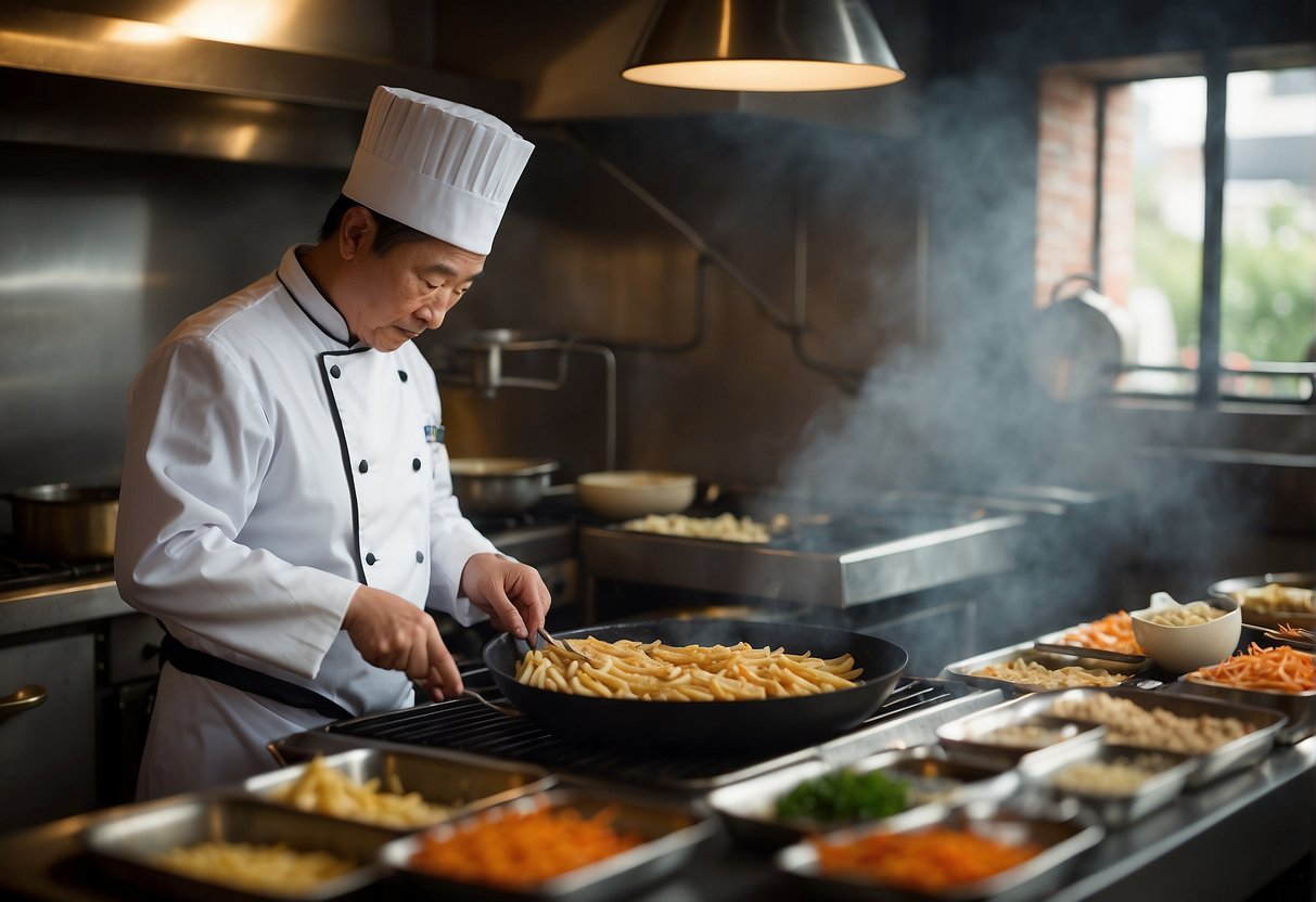 A chef expertly folds and grills a thin, crispy Chinese bing, surrounded by various ingredients and utensils