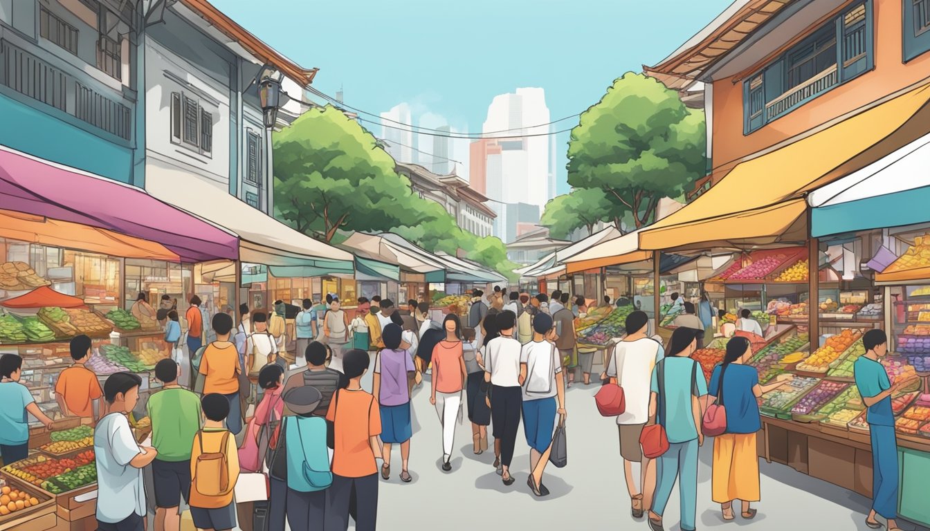 A bustling marketplace with colorful displays of souvenirs and local products in Singapore