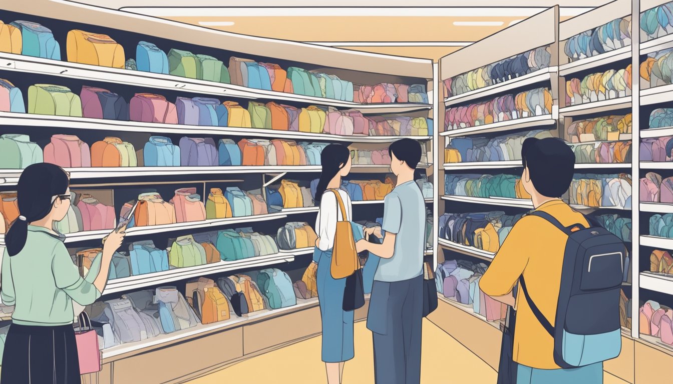People browsing through various electronic stores in Singapore, examining different models of neck fans on display. Displays of various brands and styles fill the shelves
