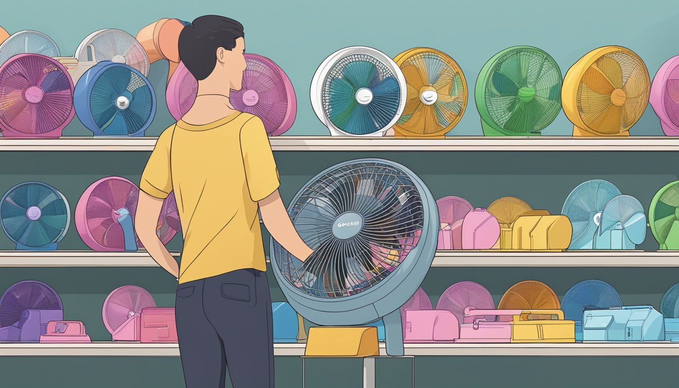 A neck fan displayed on a store shelf, with various models and colors available. Shoppers browsing and trying on different options