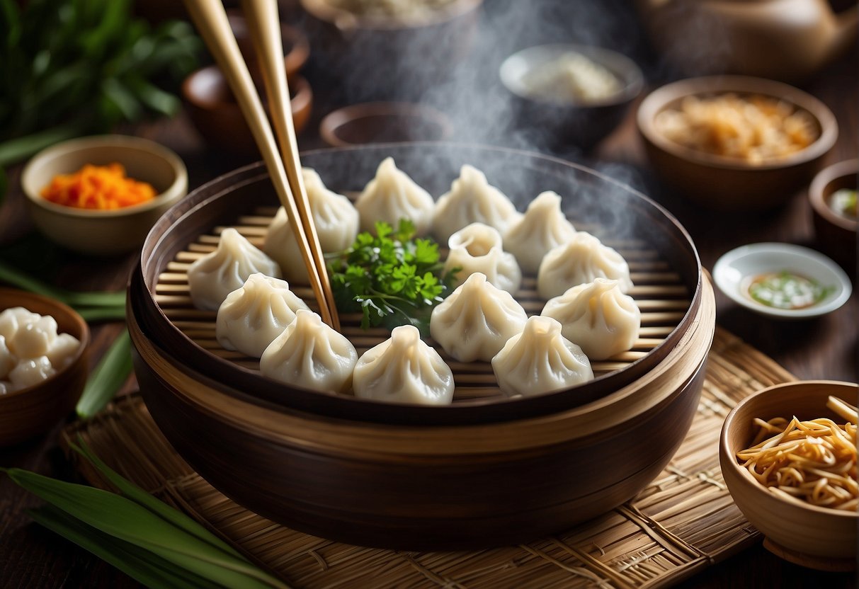 A bamboo steamer filled with steaming Chinese dumplings, surrounded by traditional ingredients and utensils