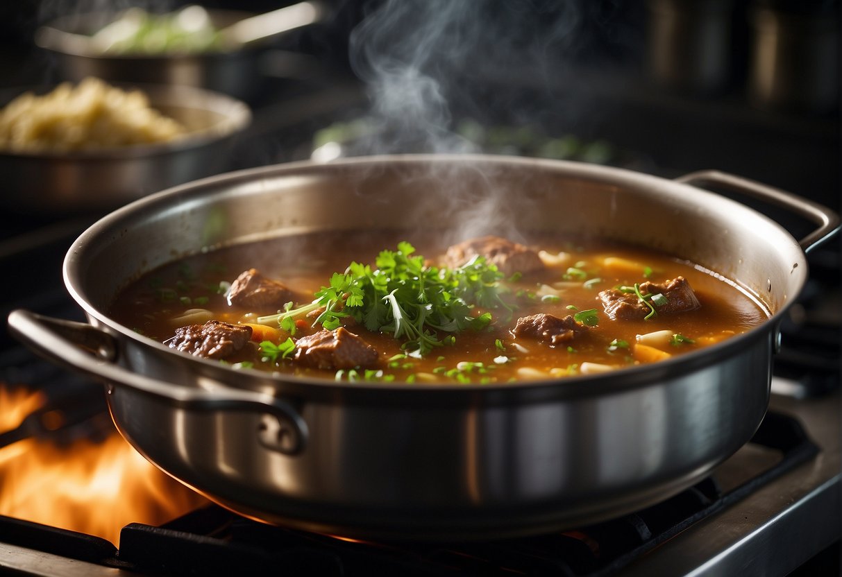 A large pot simmers on a stove, filled with rich, aromatic duck stew. Steam rises, carrying the scent of ginger, star anise, and soy sauce. Green onions and cilantro garnish the dish