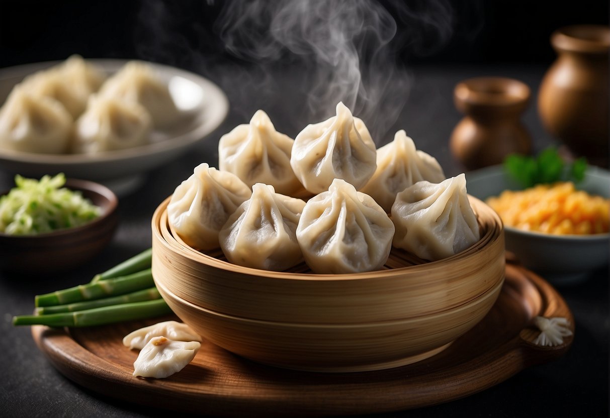 A bamboo steamer filled with Chinese dumplings, steam rising, surrounded by essential ingredients like ginger, garlic, and soy sauce