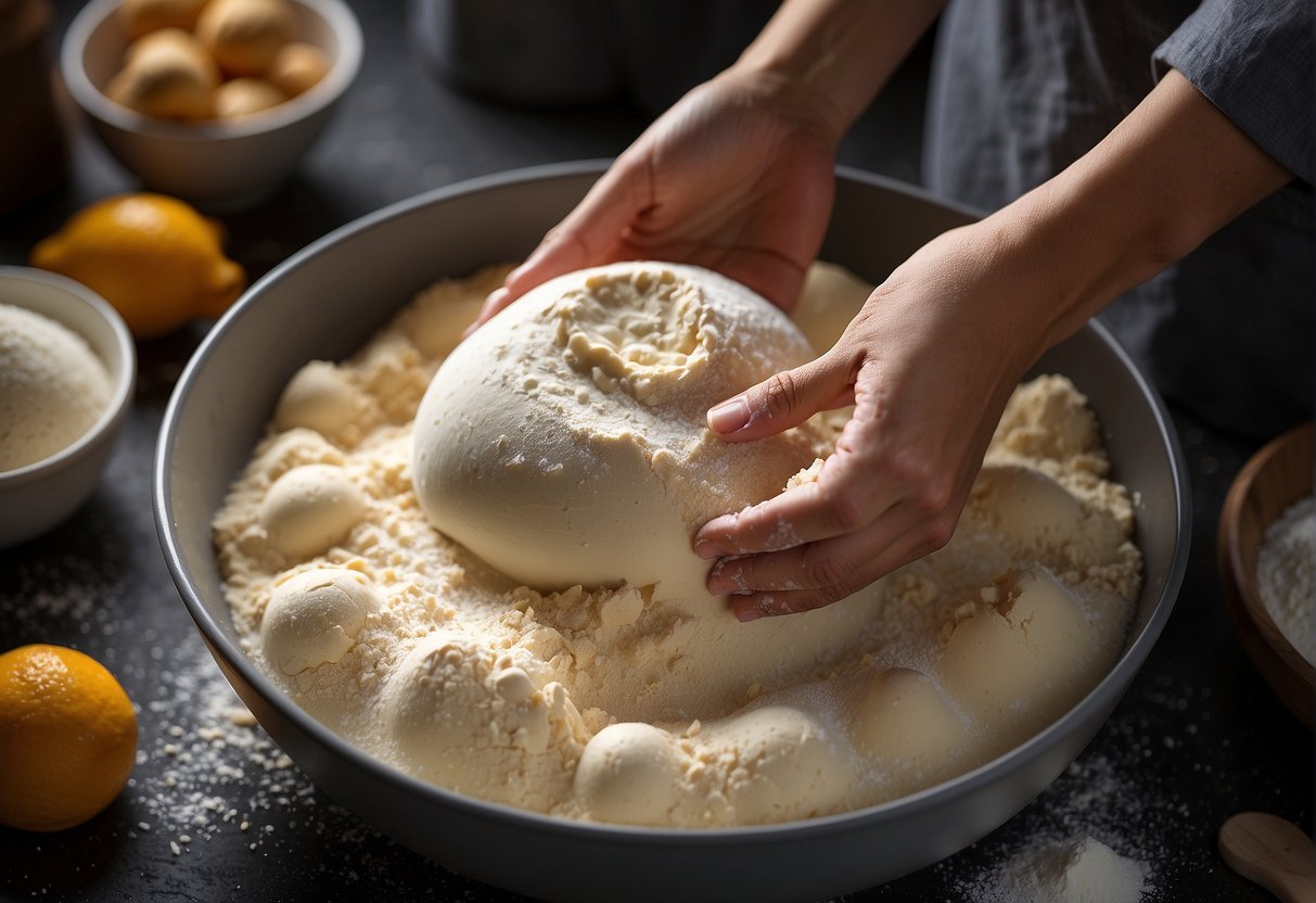 A pair of hands kneading dough in a large mixing bowl, surrounded by ingredients like flour, sugar, and yeast