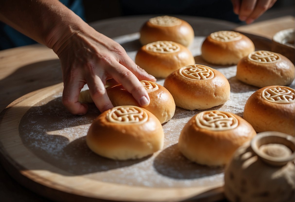 A pair of hands shaping dough into round buns, with Chinese characters and decorative patterns on top