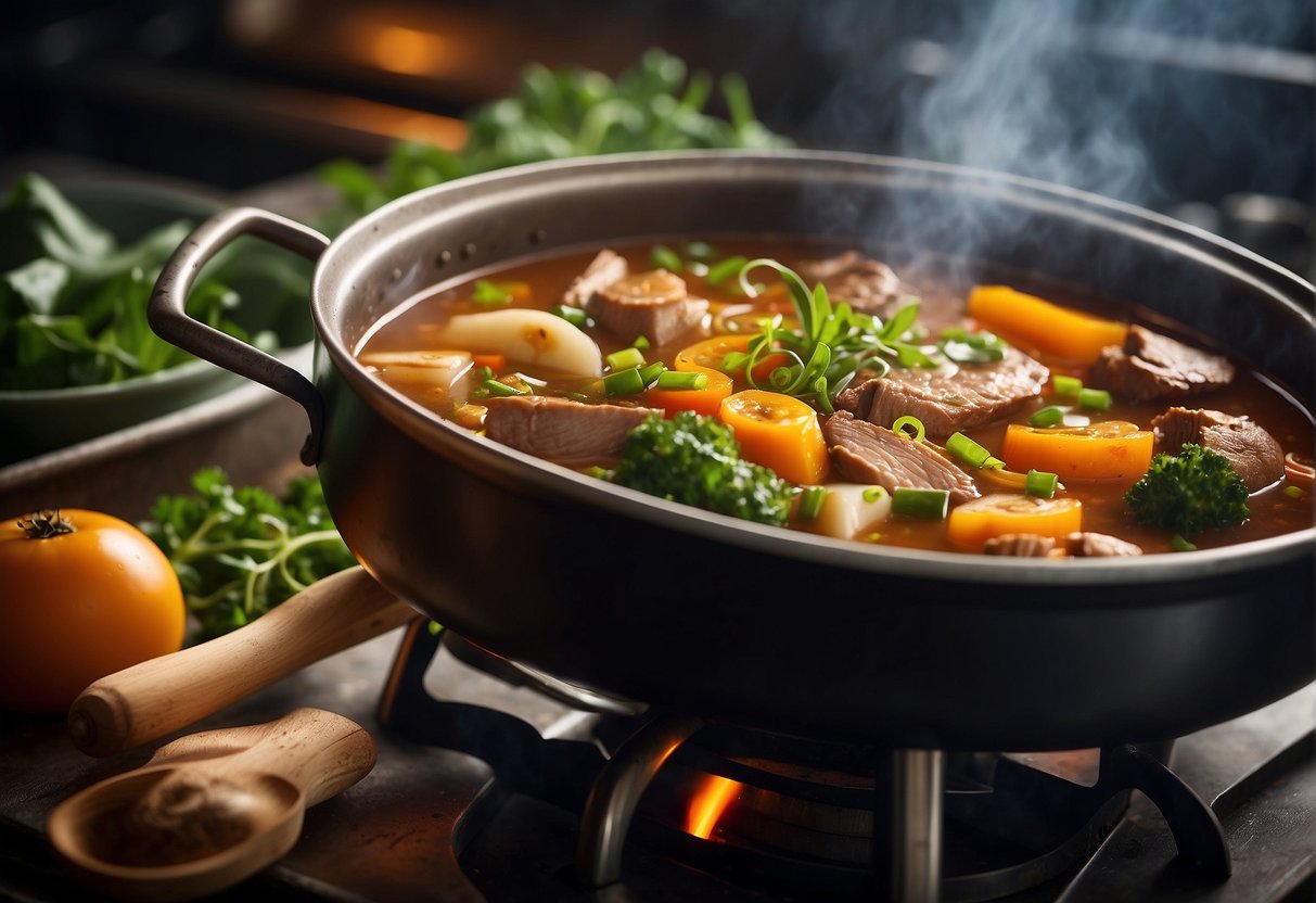 A large pot simmers on a stove, filled with tender pieces of duck, vibrant vegetables, and aromatic spices, creating a rich and flavorful Chinese duck stew