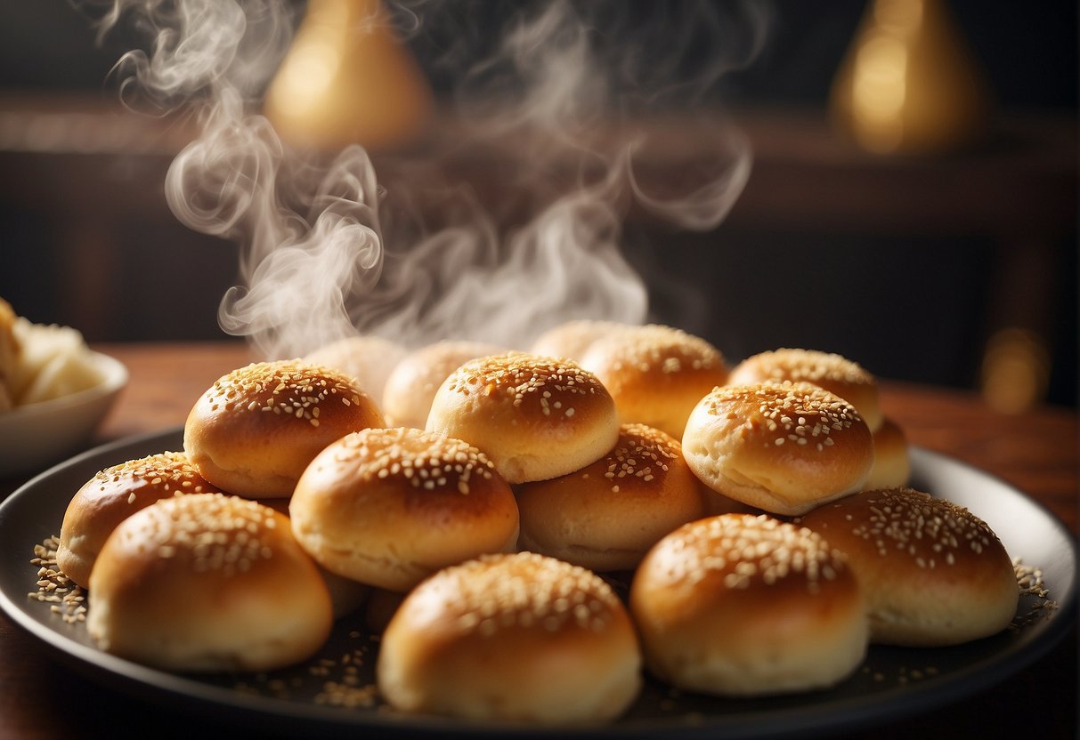 A bamboo steamer releasing steam over fluffy, golden Chinese birthday buns