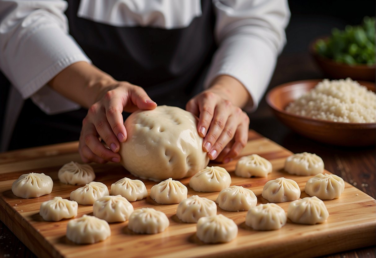 Dough is being kneaded and rolled out for Chinese steamed dumplings. Ingredients are laid out neatly on a wooden surface