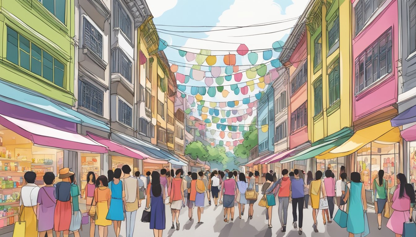 A bustling street lined with colorful dress shops in Singapore. Shoppers browse racks, while vendors display their latest designs