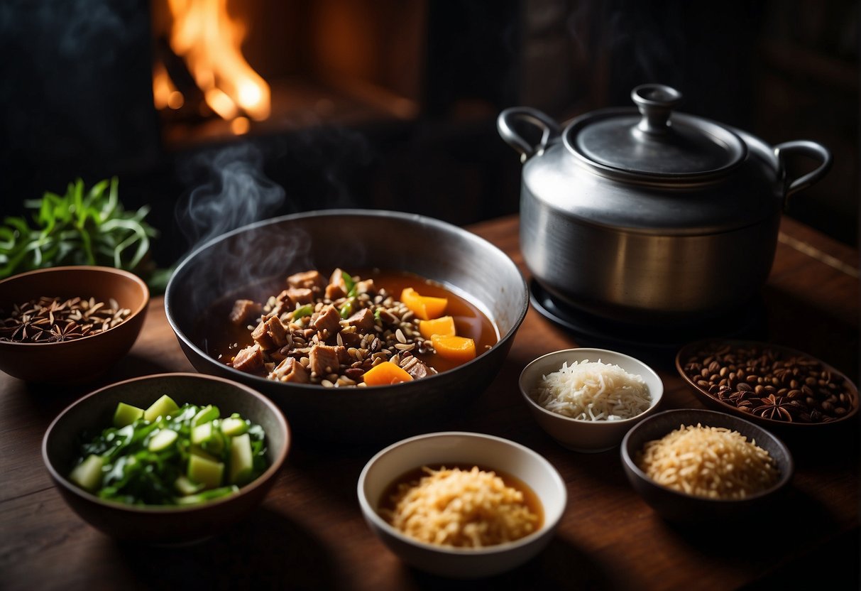 A pot simmers on a stove with chunks of duck, ginger, and star anise, surrounded by bowls of soy sauce, rice wine, and spices