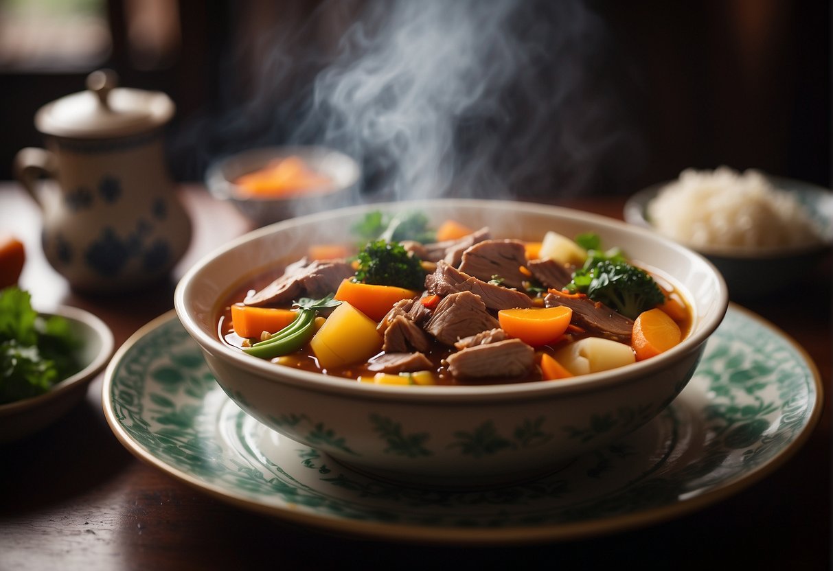 A steaming bowl of duck stew with vibrant vegetables and aromatic spices, served on a traditional Chinese dining table