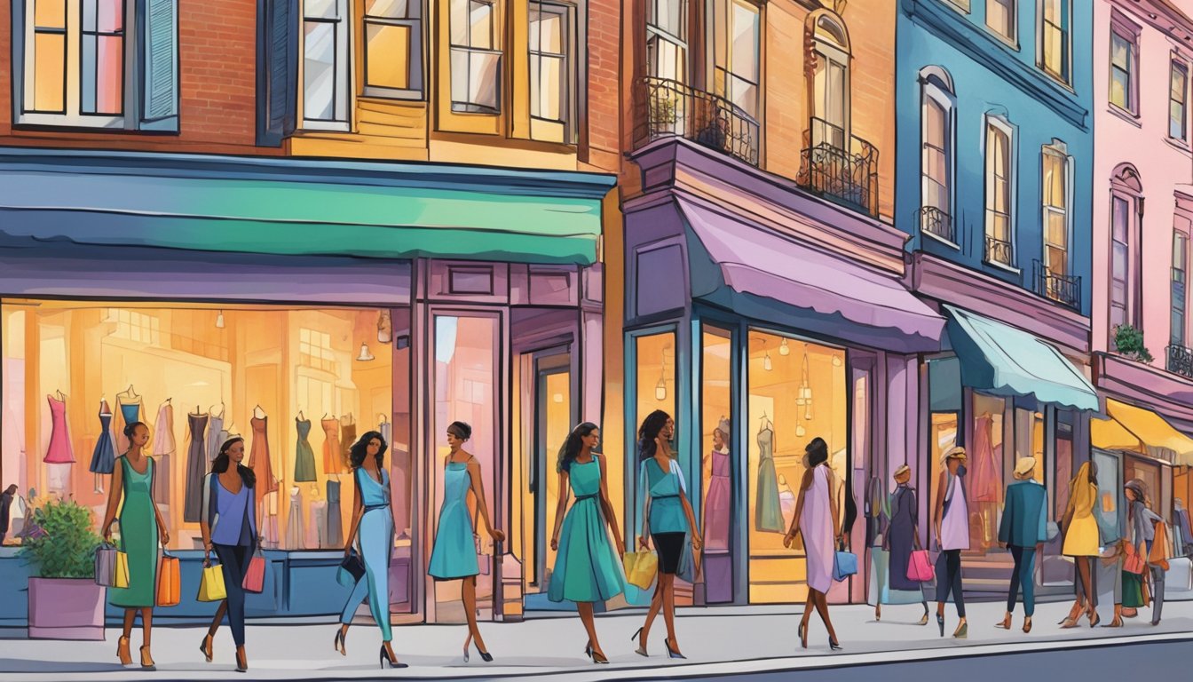 A bustling street lined with colorful storefronts, displaying elegant dresses in the windows. Shoppers browse through racks of stylish garments, while fashionistas compare the latest trends