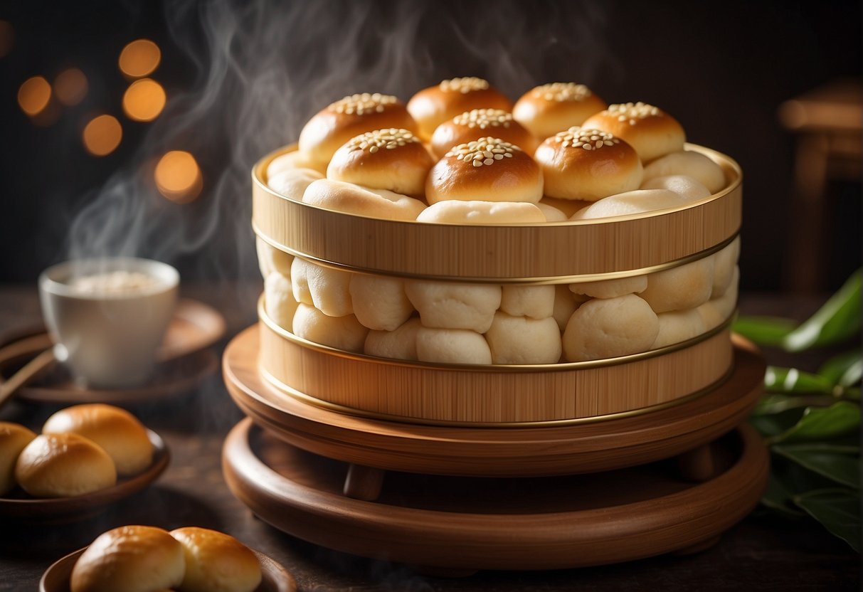 A steaming bamboo steamer filled with freshly baked Chinese birthday buns, adorned with red bean paste and golden lotus seeds