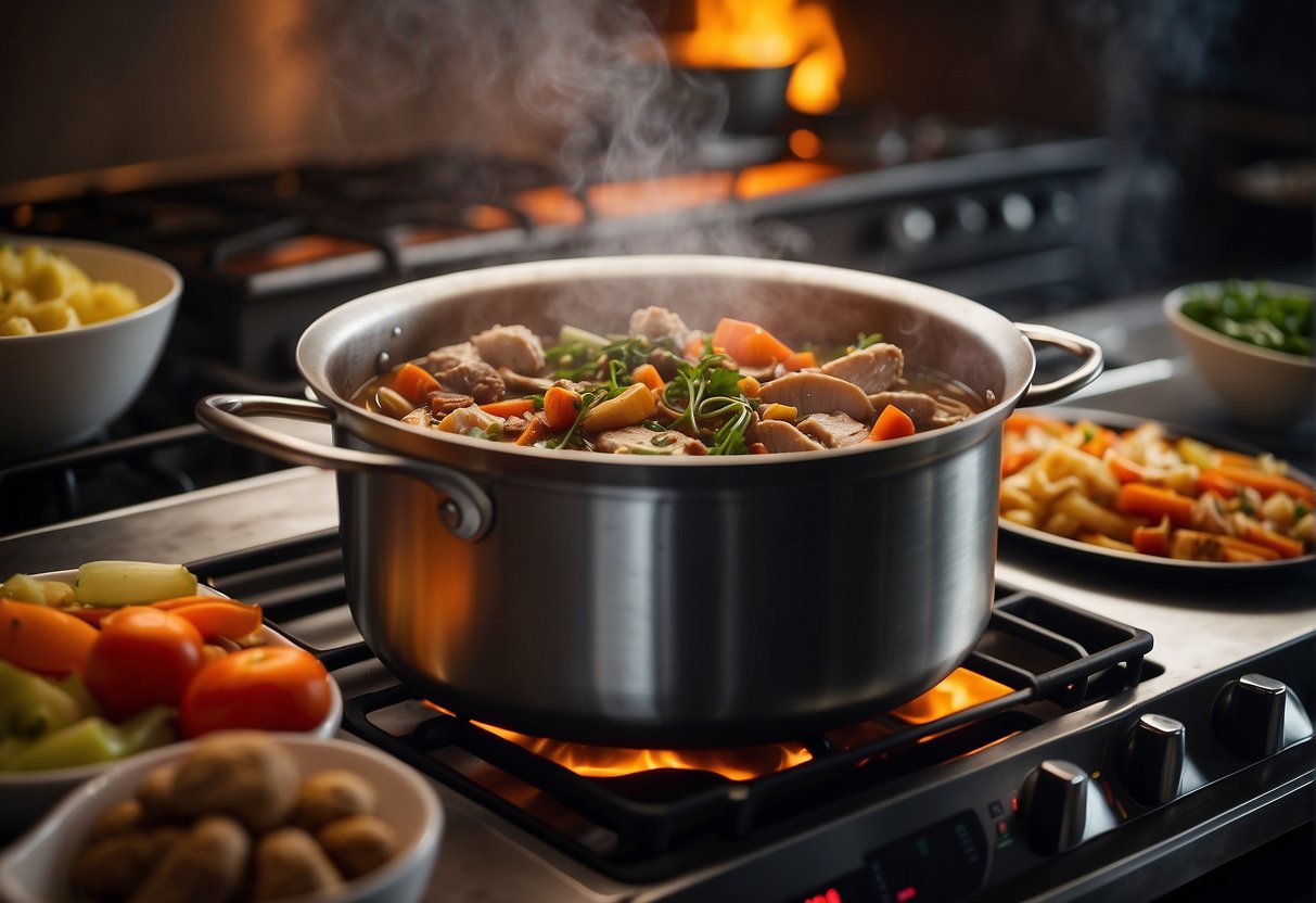 A large pot simmering on a stove, filled with savory duck pieces, vegetables, and aromatic Chinese spices. Steam rising, creating a mouth-watering aroma