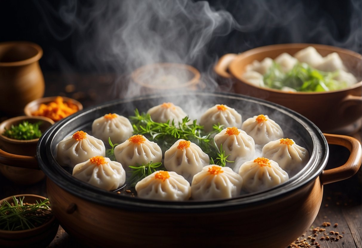 Steam rises from a bamboo steamer, filled with dumplings. A pot of water boils underneath. The aroma of Chinese spices fills the air