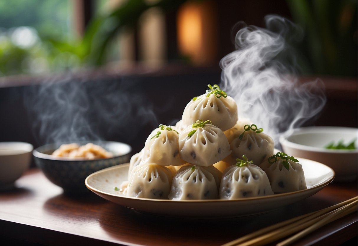 A bamboo steamer releasing steam over a plate of Chinese steamed dumplings, with chopsticks nearby for serving and enjoyment