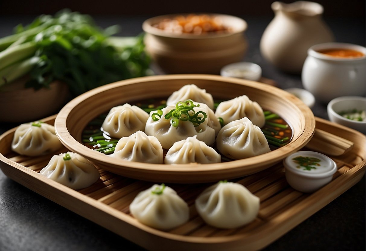 A bamboo steamer filled with freshly steamed Chinese dumplings, surrounded by a variety of dipping sauces and garnished with chopped green onions
